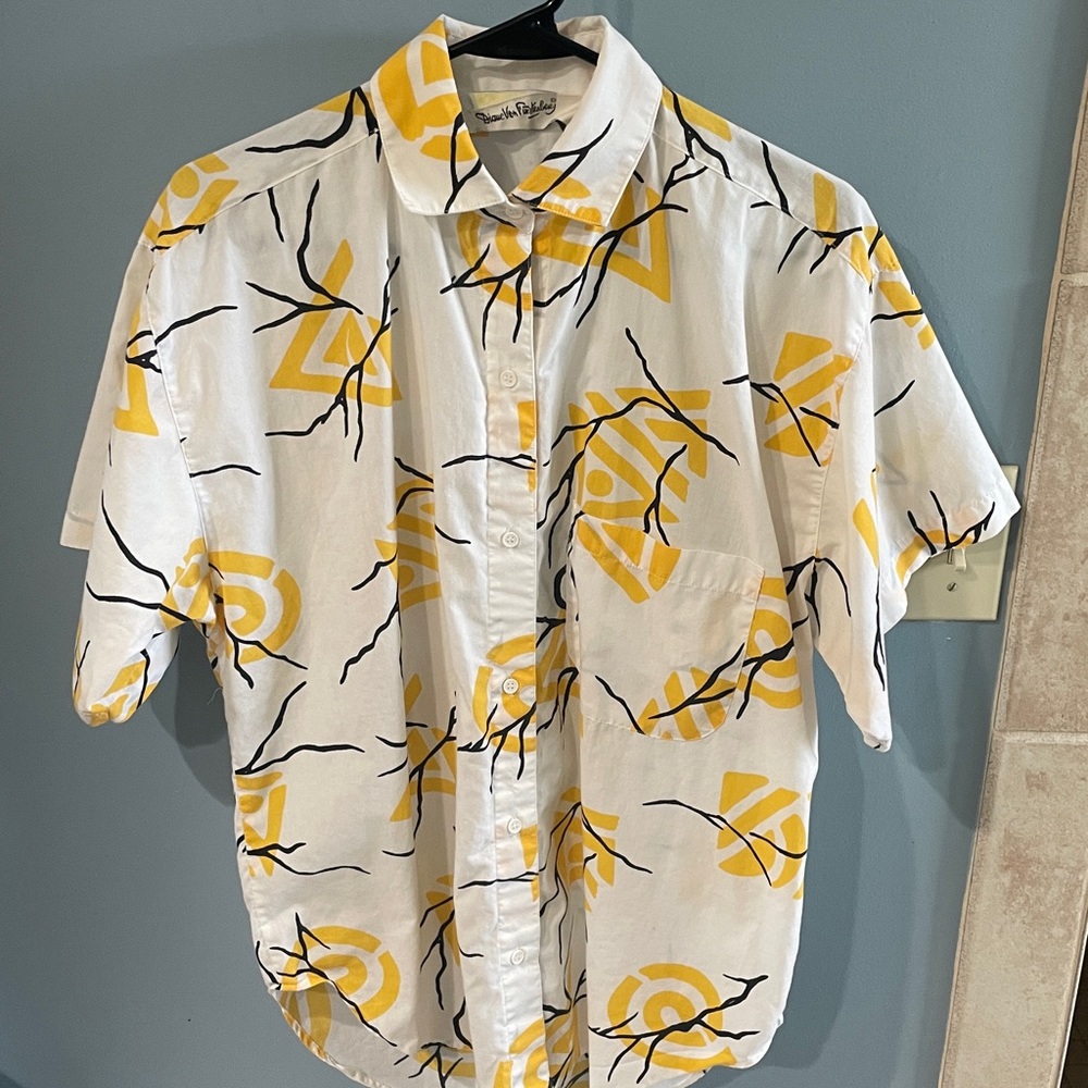 Vintage 80s Diane Von Furstenberg White Yellow Casual Button Down Yacht Shirt